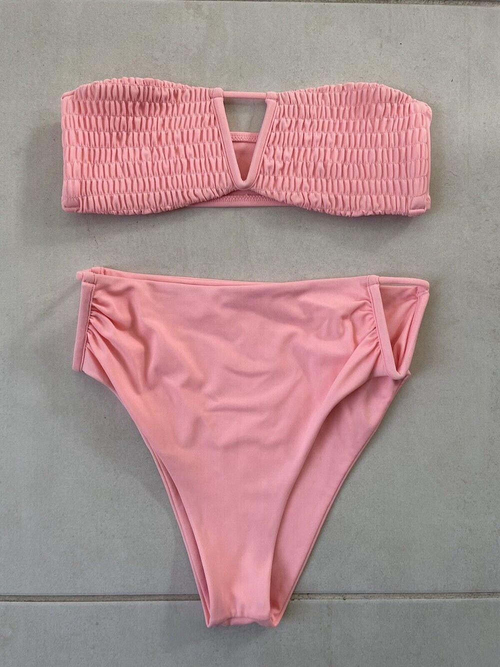 Tori Praver Bikini Swimsuit High Waist Smocked Bandeau Swimwear
